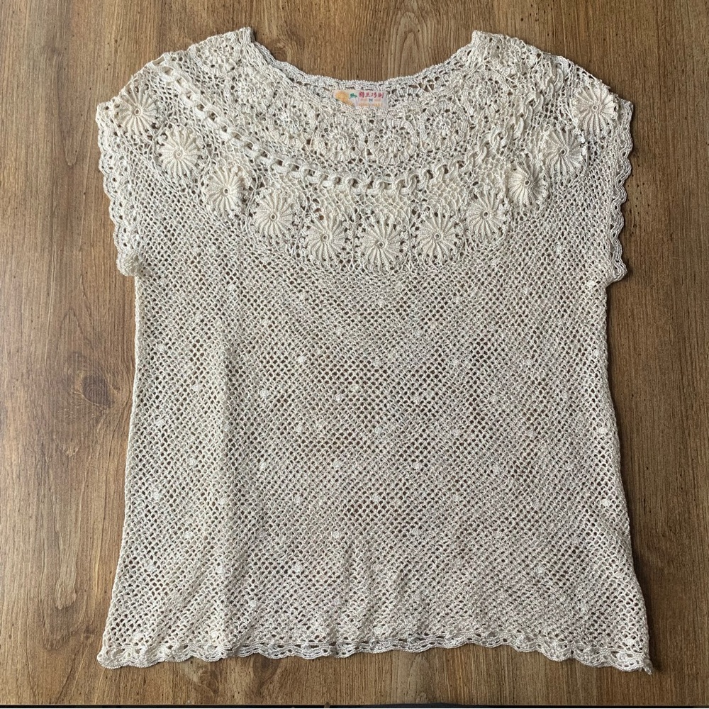 Vintage Crochet Lace Short Sleeve Top Shirt